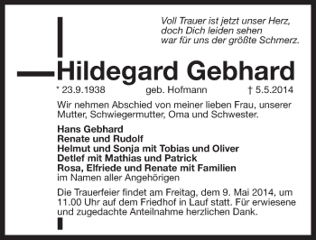 Traueranzeige von Hildegard Gebhard von Pegnitz-Zeitung